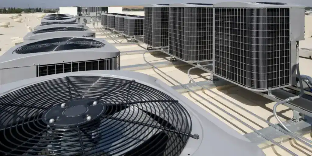 Industrial air conditioners on building rooftop